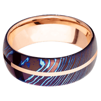 8mm wide Domed Kuro-Ti Ring with Polish Kuro-Ti Finish / One 1mm Centered 14k Rose Gold Inlay with Polish Finish / 18k Rose Gold Sleeve