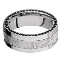 8mm wide Flat 10k White Gold Ring with Satin Finish / Side Eternity Round .01 carat Black Diamond Bead Channel-Set Gemstones / One 4mm Centered Meteorite Inlay