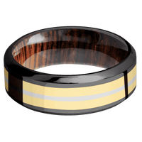 8mm wide High Bevel Black Zirconium Ring with Polish Finish / One 4mm Centered 14k Yellow Gold Inlay with Polish Finish / One 1mm Centered Platinum Inlay with Polish Finish / Cocobolo Sleeve