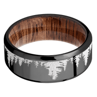 8mm wide Beveled Black Zirconium Ring with Polish Finish / Trees Design and Snow White Cerakote Accents / Koa Sleeve