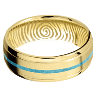 7mm wide Stepped Bevel 14k Yellow Gold Ring with Satin Finish / One 1mm Centered Turquoise Inlay / None Interior Pattern