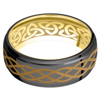 8mm wide Domed Stepped Down Edges Black Titanium Ring with Polish Finish / Celtic 6 Design and Gold Cerakote Accents / 14k Yellow Gold Sleeve / None Interior Pattern