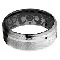 8mm wide Beveled Damascus Steel Ring with Polish Damascus Finish / One 1mm Off Center Platinum Inlay with Polish Finish / Black Titanium Sleeve / None Interior Pattern