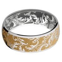 8mm wide Domed Titanium Ring with Polish Finish / Black Leaf Design and Gold Cerakote Accents / None Interior Pattern