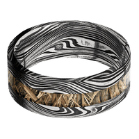 8mm wide Flat Marble Damascus Steel Ring with Tumble Kuro Damascus Finish / One 3mm Centered MossyOak SG Blades Camo Inlay