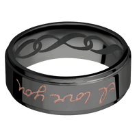 8mm wide Flat Grooved Edges Black Zirconium Ring with Polish Finish / Hand Writing Design and Rose Gold Cerakote Accents / None Interior Pattern