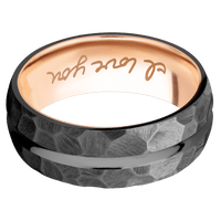 8mm wide Domed Center Concave Black Titanium Ring with Rock Finish / 14k Rose Gold Sleeve / Hand Writing Interior Pattern