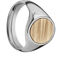 Medium Oval signet ring (16x13mm) in Titanium, with a Wide style band, a Natural Oak inlay.