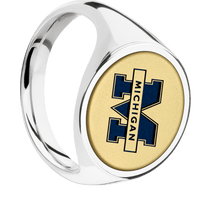 Large Circle signet ring (18mm) in Cobalt Chrome, with a Thin style band, a 14K Yellow Gold inlay and a Michigan Michigan M Banner engraving.