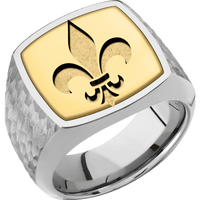 Large Cushion signet ring (18x18mm) in Titanium, with a Wide style band, a 14K Yellow Gold inlay and a Fleur De Lis engraving.
