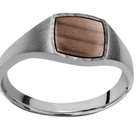 Small Cushion signet ring (10x10mm) in Titanium, with a Thin style band, a Sequoia inlay.