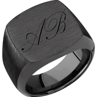 Large Cushion signet ring (18x18mm) in Zirconium, with a Wide style band and a Kunstler Script 2 engraving.