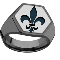 Large Hexagon signet ring (18.5x16mm) in Zirconium, with a Wide style band, a Titanium inlay and a Fleur De Lis engraving.