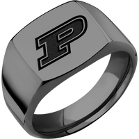 Medium Cushion signet ring (14x14mm) in Zirconium, with a Wide style band and a Purdue Motion P engraving.
