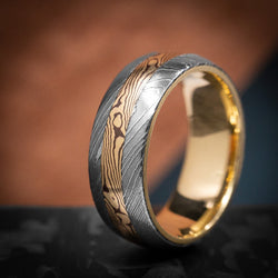 Damascus Steel and Mokume Gane Men's Ring with Yellow Gold Sleeve Wedding Band Custom Made