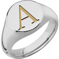 Medium Circle signet ring (14mm) in Titanium, with a Wide style band and a Book Antiqua 1 engraving.