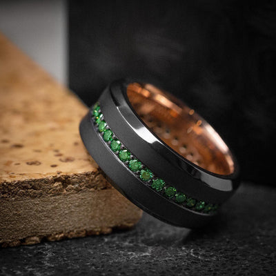Black Titanium and Green Diamond Men's Ring with 14K Gold Sleeve Custom Made Band