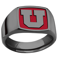 Medium Cushion signet ring (14x14mm) in Zirconium, with a Wide style band and an Utah Block U Rev engraving.