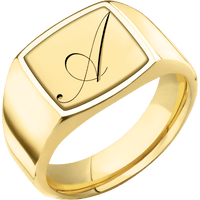 Medium Cushion signet ring (14x14mm) in 10K Yellow Gold, with a Wide style band, a 14K Yellow Gold inlay and a Kunstler Script 1 engraving.