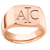 Medium Cushion signet ring (14x14mm) in 14K Rose Gold, with a Wide style band and a Book Antiqua 3 engraving.