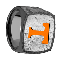 Extra Large Cushion signet ring (22x22mm) in Zirconium, with a Wide style band, a Meteorite inlay and a Tennessee Power T engraving.