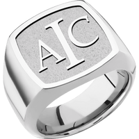 Large Cushion signet ring (18x18mm) in Cobalt Chrome, with a Wide style band and a Book Antiqua 3 Rev engraving.