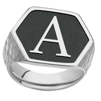 Extra Large Hexagon signet ring (23x20mm) in Platinum, with a Thin style band and a Book Antiqua 1 Rev engraving.