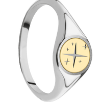 Small Circle signet ring (10mm) in Palladium Silver, with a Thin style band, a 18K Yellow Gold inlay and a TWINKLE2 engraving.