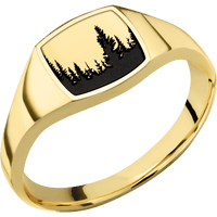 Small Cushion signet ring (10x10mm) in 18K Yellow Gold, with a Thin style band, a 14K Yellow Gold inlay and a Trees engraving.