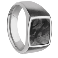 Medium Cushion signet ring (14x14mm) in Titanium, with a Wide style band, a Forged Carbon Fiber inlay.