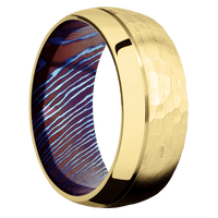 14K Yellow Gold + Hammer , Polish Finish + Titanium Damascus