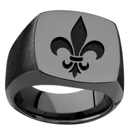 Large Cushion signet ring (18x18mm) in Zirconium, with a Wide style band and a Fleur De Lis engraving.