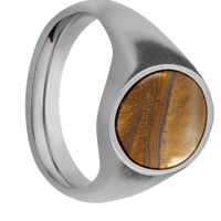 Medium Oval signet ring (16x13mm) in Titanium, with a Wide style band, a Tigers Eye inlay.