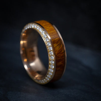 Rose Gold Men's Ring With Wood Inlay And Eternity Set Diamonds Custom Made Band