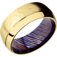 14K Yellow Gold + Hammer , Polish Finish + Titanium Damascus