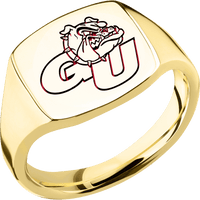 Medium Cushion signet ring (14x14mm) in 10K Yellow Gold, with a Thin style band and a Gonzaga GU Bulldog engraving.