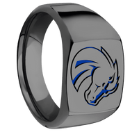 Medium Cushion signet ring (14x14mm) in Zirconium, with a Wide style band and a Boise State Bronco engraving.