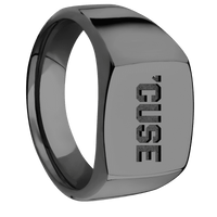 Medium Cushion signet ring (14x14mm) in Zirconium, with a Wide style band and a Syracuse Cuse Wordmark engraving.