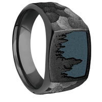 Medium Cushion signet ring (14x14mm) in Zirconium, with a Wide style band and a Trees Rev engraving.