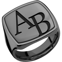 Extra Large Cushion signet ring (22x22mm) in Zirconium, with a Thin style band, a Zirconium inlay and a Book Antiqua 2 engraving.