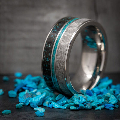 Titanium Black Dinosaur Bone with Turquoise And Gibeon Meteorite Men's Ring Custom Made Fossil Band