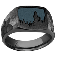 Medium Cushion signet ring (14x14mm) in Zirconium, with a Wide style band and a Trees Rev engraving.