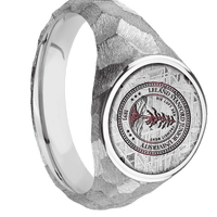 Medium Circle signet ring (14mm) in Platinum, with a Wide style band, a Meteorite inlay and a Stanford University Seal engraving.