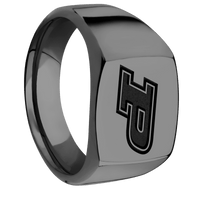 Medium Cushion signet ring (14x14mm) in Zirconium, with a Wide style band and a Purdue Motion P engraving.
