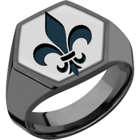 Large Hexagon signet ring (18.5x16mm) in Zirconium, with a Wide style band, a Titanium inlay and a Fleur De Lis engraving.