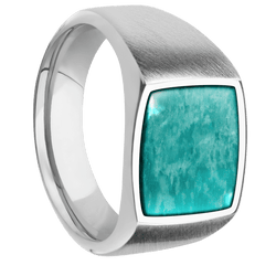 Medium Cushion signet ring (14x14mm) in Palladium Silver, with a Wide style band, an Amazonite inlay.