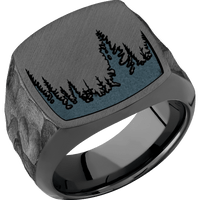 Large Cushion signet ring (18x18mm) in Zirconium, with a Wide style band and a Trees engraving.