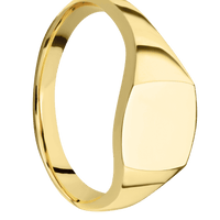 Small Cushion signet ring (10x10mm) in 14K Yellow Gold, with a Thin style band.
