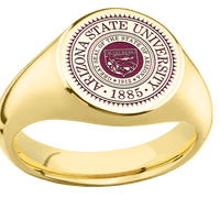 Medium Circle signet ring (14mm) in 10K Yellow Gold, with a Wide style band and an Arizona State University Seal engraving.