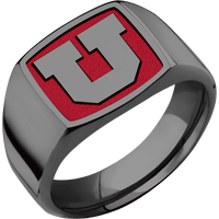 Medium Cushion signet ring (14x14mm) in Zirconium, with a Wide style band and an Utah Block U Rev engraving.